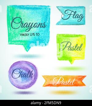 Set watercolor speech bollicine nastri bandiere illustrazione vettoriale pastello Illustrazione Vettoriale