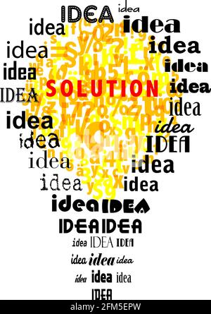 Problema, soluzione e idea di concetto, con nube tag e lampadina. Illustrazione vettoriale isolata su sfondo bianco Illustrazione Vettoriale
