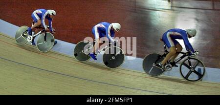 Sydney Olimpiadi Settembre 2000 uomini in bicicletta Olympic Sprint, Jason Queally, Craig Maclean e Chris Hoy Foto Stock