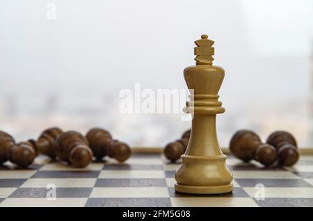 Scacchi Bianco Re tra le pedine nere sdraiate sulla scacchiera. Concetto: Leader e concorrenza Foto Stock