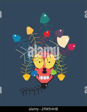 illustrazione di un cranio con scheletri di pesce sulla testa, isolato su sfondo blu Illustrazione Vettoriale