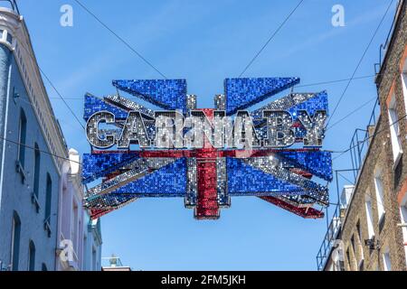 Union Jack segno, Carnaby Street, West End, Soho, City of Westminster, Greater London, England, Regno Unito Foto Stock