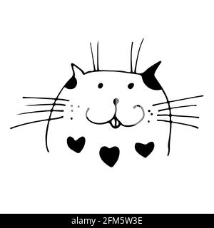 Illustrazione vettoriale della faccia del gatto, schizzo disegnato a mano gatto con macchie di cuore nero e linguetta adesiva isolata su sfondo bianco Illustrazione Vettoriale