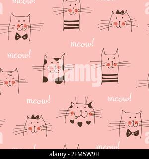 Cat Faces vettoriale motivo senza giunture, gatti disegnati a mano con testo Meow isolato su sfondo rosa Illustrazione Vettoriale
