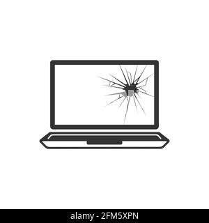Icona vettoriale del laptop realistica con schermo rotto. Servizio di riparazione elettronica. Un notebook rotto. Illustrazione Vettoriale