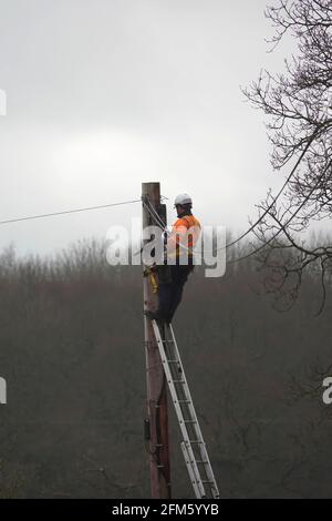 British Telecom Openreach ingegnere che lavora in altezza al top di un palo telegrafico in campagna Foto Stock