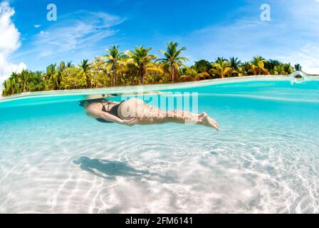 Mezzo sopra e mezzo sotto foto di una bella donna Snorkeling nelle acque turchesi dei Caraibi Foto Stock