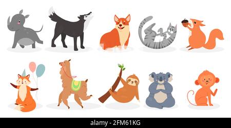 Carino animali vettore illustrazione set. Cartoon animali domestici e zoo o animali selvatici collezione di personaggi, scoiattolo tenendo noce, sloth su ramo albero, koala scimmia cane lupo gatto isolato su bianco Illustrazione Vettoriale