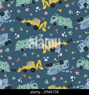 Vettore blu scuro penna skecc doodle carino inclinato cemento camion trasporto veicoli modello senza giunture. Adatto per tessuti, confezioni regalo e carta da parati. Illustrazione Vettoriale