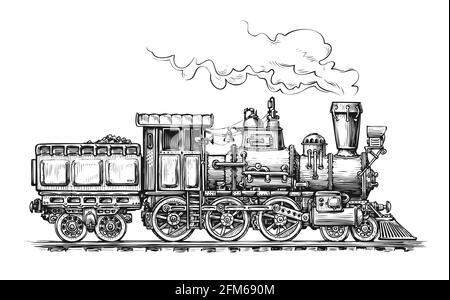 Schizzo di trasporto della locomotiva a vapore retrò. Illustrazione vettoriale vintage disegnata a mano Illustrazione Vettoriale