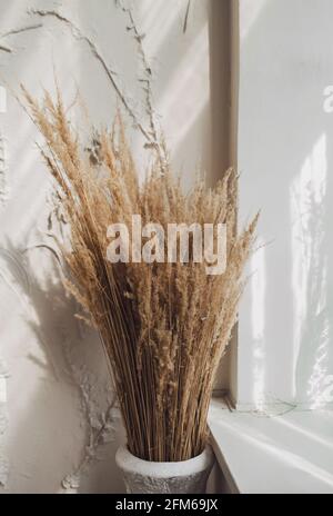 Ancora vita di un bouquet di fiori secchi in vaso. L'interno della casa è arredamento Foto Stock