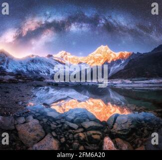 Milky Way su montagne innevate e lago di notte. Orizzontale Foto Stock