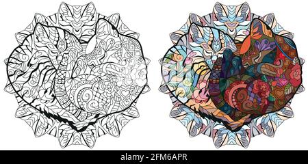 Carino due gatti che dormono a forma di cuore. Per il disegno della t-shirt, libro da colorare dell'adulto, pagina da colorare e stampa su altre cose Illustrazione Vettoriale