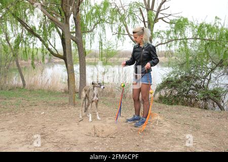 Giovane punk donna giocolare carioca in un parco con i suoi cani. Stile di vita rock and roll. Foto Stock