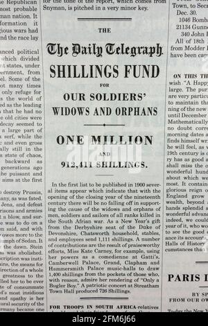 Prima pagina articolo sul 'Fondo di collina per i nostri soldati 'vedove e orfani' nel quotidiano Daily Telegraph (replica) il 1 ° gennaio 1900. Foto Stock