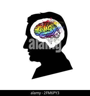 Black dettaglio mans profilo viso con cervello creativo in testa isolato su bianco Illustrazione Vettoriale