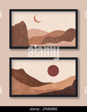 Deserto arabo paesaggio con luna, sole e montagna in tonalità di terra e con consistenza. Arte vettoriale moderna e alla moda in scandinavia e via boho Illustrazione Vettoriale