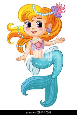 Graziosa sirena seduta con perle e lunghi capelli dorati. Personaggio cartoon. Illustrazione vettoriale isolata. Per composizione, stampa e desig di t-shirt Illustrazione Vettoriale