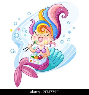 Carino personaggio sirena kawaii seduto su una conchiglia e mangiare sushi. Illustrazione isolata di cartoni animati vettoriali. Illustrazione del magazzino. Per la composizione della t-shirt, Illustrazione Vettoriale