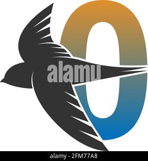 Logo numero zero con modello vettoriale di disegno icona Swift bird Illustrazione Vettoriale