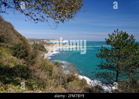 Durlston Bay vista da vicino Durston Head con Peveril Point, Foreland o Handfast Point e Old Harry Rock in lontananza, Purbeck, Dorset. Bournem Foto Stock