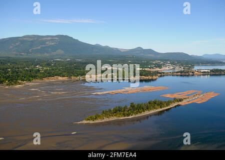 I bracci di tronchi immagazzinati nelle isole Shoal, l'estuario del fiume Chemainus, la valle di Chemainus. Fotografia aerea dell'isola di Vancouver, British Columbia, Canada. Foto Stock