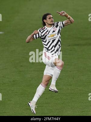 Roma, Italia. 6 maggio 2021. Edinson Cavani di Manchester United festeggia il suo gol durante la seconda partita di calcio della UEFA Europa League tra Roma e Manchester United a Roma, Italia, 6 maggio 2021. Credit: Augusto Casasoli/Xinhua/Alamy Live News Foto Stock