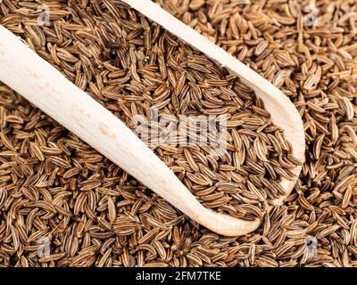 paletta di legno su pila di chiodo di frutta di cumino Foto Stock
