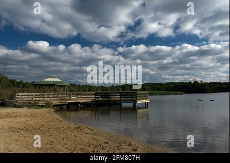 Una piattaforma panoramica sul lago Lillydale. Il lago prende il nome dalla Contea di Lillydale, con una doppia 'L', a differenza della città di Lilydale, con una singola 'L' Foto Stock