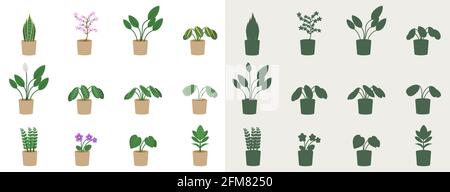 Set di piante per interni in stile piatto e silhouette. Illustrazione vettoriale di fiori in pentole. Illustrazione Vettoriale