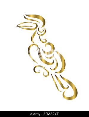 Gold Line art vettore logo di hornbill che è appeso su un ramo. Illustrazione Vettoriale