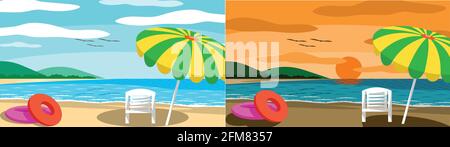 Due foto di spiaggia con ombrelloni e sedie in un giorno e l'ora del tramonto con cielo limpido, buona atmosfera. Illustrazione Vettoriale
