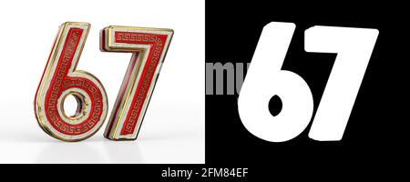 Numero sessantasette (numero 67) con striscia trasparente rossa su sfondo bianco, con canale alfa. Illustrazione 3D Foto Stock