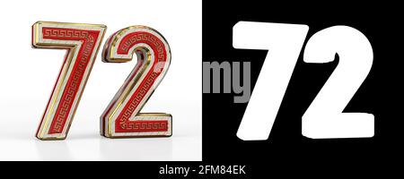 Numero settantadue (numero 72) con striscia trasparente rossa su sfondo bianco, con canale alfa. Illustrazione 3D Foto Stock
