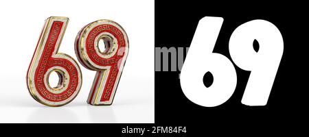 Numero sessantanove (numero 69) con striscia trasparente rossa su sfondo bianco, con canale alfa. Illustrazione 3D Foto Stock