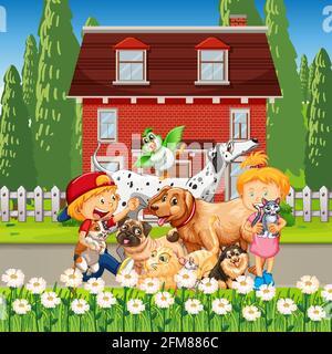 Casa all'aperto con molti bambini che giocano con i loro cani illustrazione Illustrazione Vettoriale