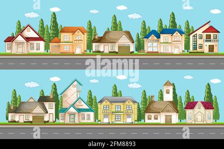 Insieme di case urbane lungo l'illustrazione della strada Illustrazione Vettoriale