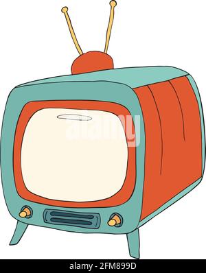 Immagine del display TV vuoto in stile retrò vintage. Concetto di trasmissione o comunicazione. Vecchio televisore isolato con antenna. Disegno a mano fumetto Illustrazione Vettoriale