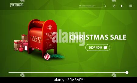 Vendita di Natale, banner sconto verde per sito web con texture poligonale e Santa letterbox con regali Foto Stock