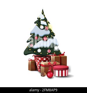 Albero di Natale piantato in una pentola decorata con palle di Natale e ghirlanda con doni isolati su sfondo bianco Foto Stock