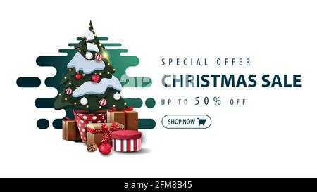 Offerta speciale, vendita natalizia, fino a 50, banner minimalistico bianco con forma liquida astratta verde e albero di Natale in una pentola con regali Foto Stock