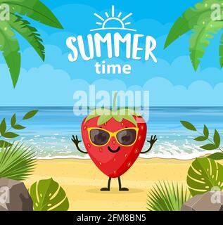 Banner estivo divertente con personaggi di frutta. Illustrazione Vettoriale