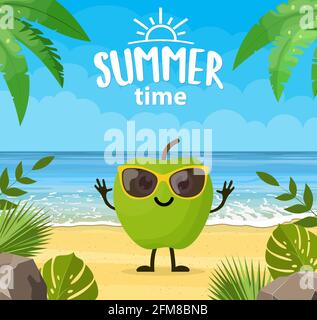 Banner estivo divertente con personaggi di frutta. Illustrazione Vettoriale