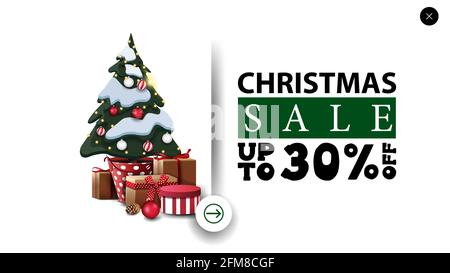 Vendita di Natale, fino a 30 di sconto, banner bianco di sconto in stile minimalistico per sito web con albero di Natale in una pentola con regali Foto Stock