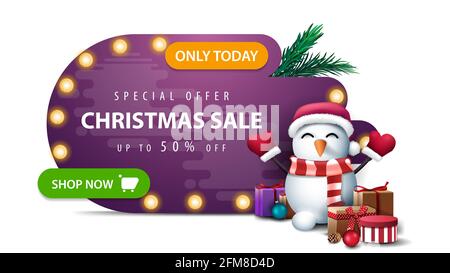 Solo oggi, offerta speciale, vendita di Natale, fino a 50 off, viola abstract forma banner sconto con lampade a bulbo, pulsante verde e pupazzo di neve a Santa Cla Foto Stock