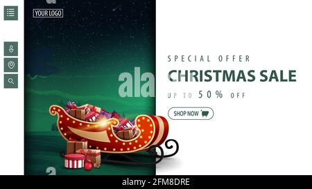 Offerta speciale, offerta natalizia, sconto fino a 50, banner sconto moderno bianco e verde per sito web con e colorato paesaggio invernale e Santa Sleigh con Foto Stock