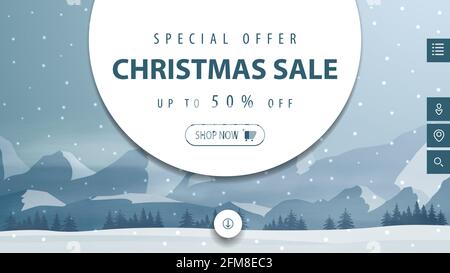 Offerta speciale, offerta natalizia, sconto fino a 50, banner sconto per sito web con paesaggio invernale grigio e blu sullo sfondo Foto Stock