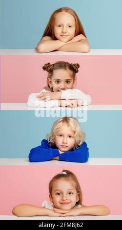 Quattro bambini felici ragazzi e ragazze che guardano la macchina fotografica isolata su sfondo studio bicolore. Collage creativo Foto Stock