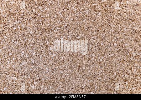 Grande pila di trucioli di betulla beige dopo la lavorazione del legno massello per la produzione di mobili come sfondo vista superiore Foto Stock