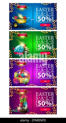 Vendita di Pasqua, ampio set luminoso banner sconto colorato con simboli di Pasqua, pulsanti e cornice di ghirlande. Modello di vendita di pasqua verde, blu e rosa Foto Stock